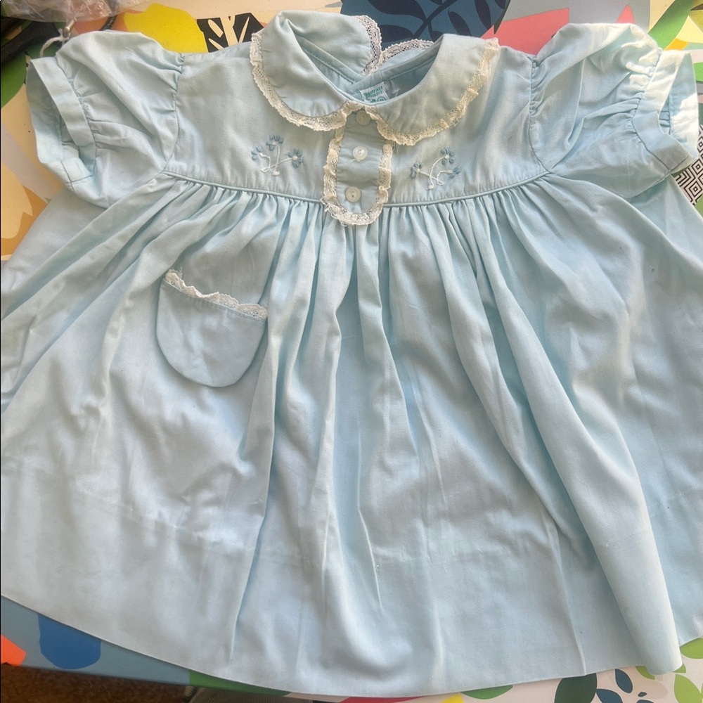 Vintage Cherubs Blue and White Dress 12M